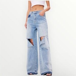 ANN ANDELMAN sz 27 Blue Wide Leg Ripped Knees High Waist Jeans Cotton NEW